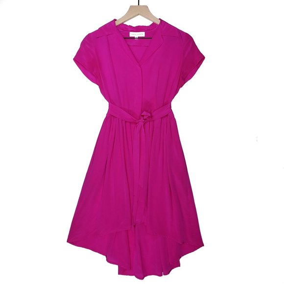 Amanda Uprichard Dresses & Skirts - Amanda Uprichard Silk Button Front High Low Dress S Hot Pink Short Sleeve Belted